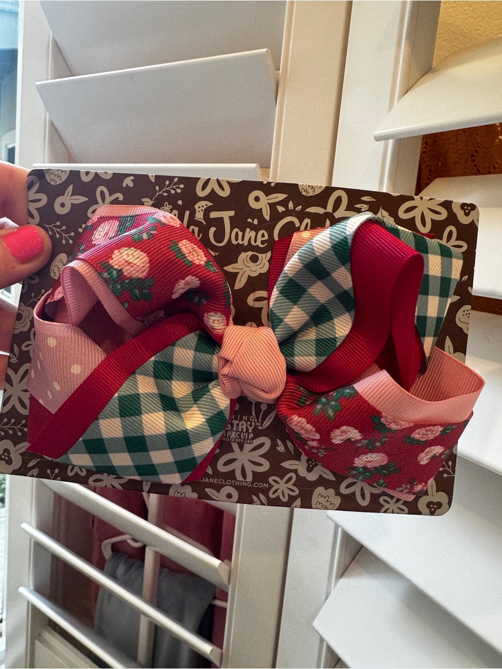 Matilda Jane Extra Large Pink & Red & Green Floral Rose Gingham Hair Bow Clip